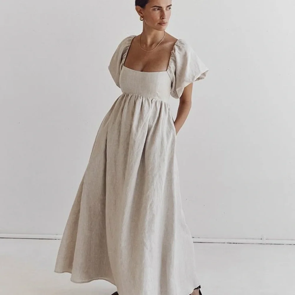 DISSH Cream Linen Midi Dress with Puff Sleeves - Picture 1 of 10